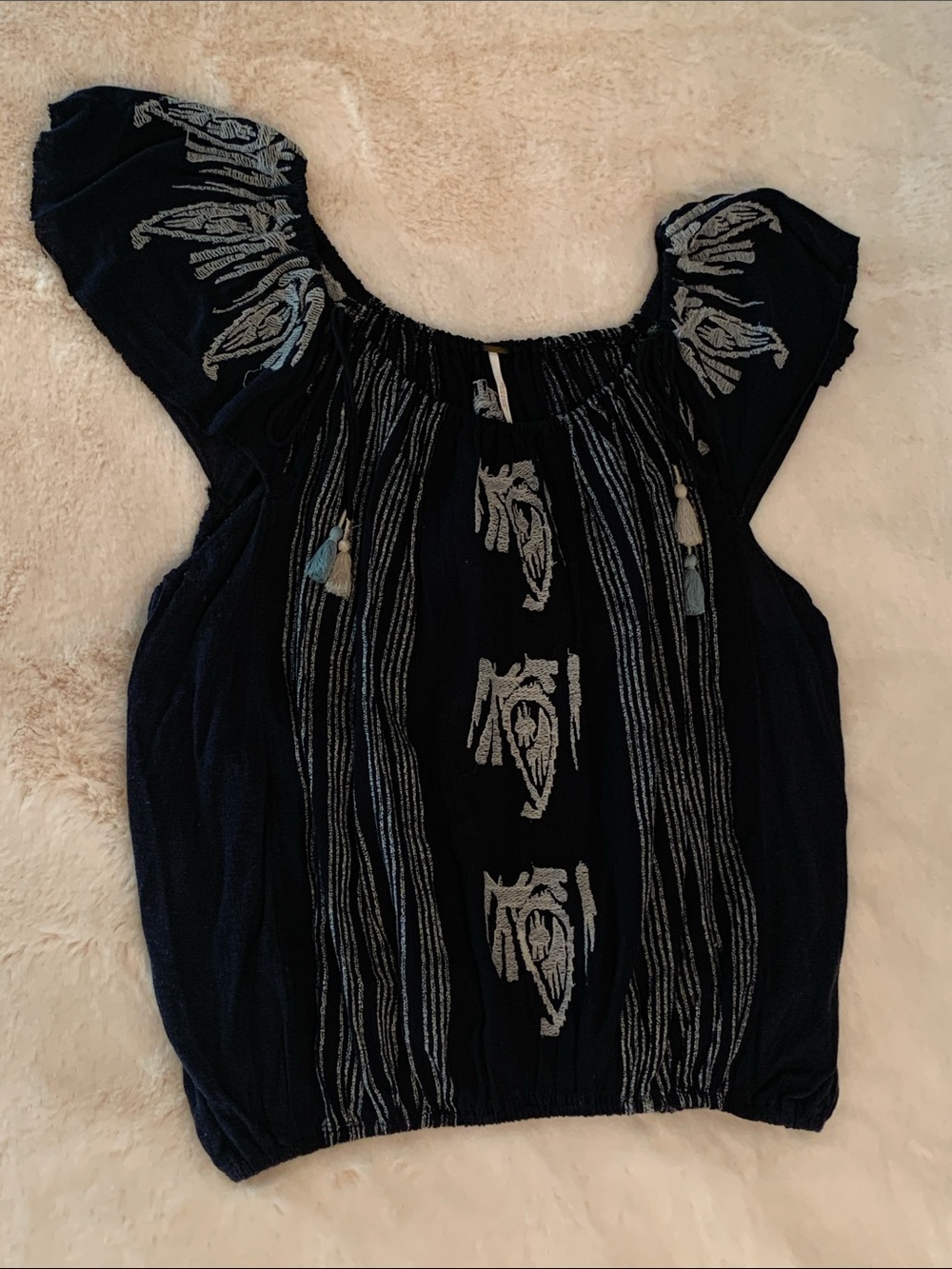 Free People Navy Blue Flutter Sleeve Embroidered Top